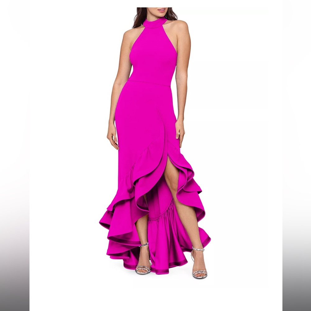 Aqua Racerback Ruffle Hem Gown